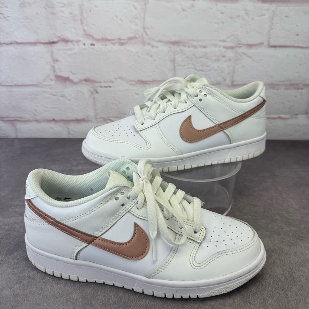 Nike Kids White Sneakers with Rose Gold Swoosh
